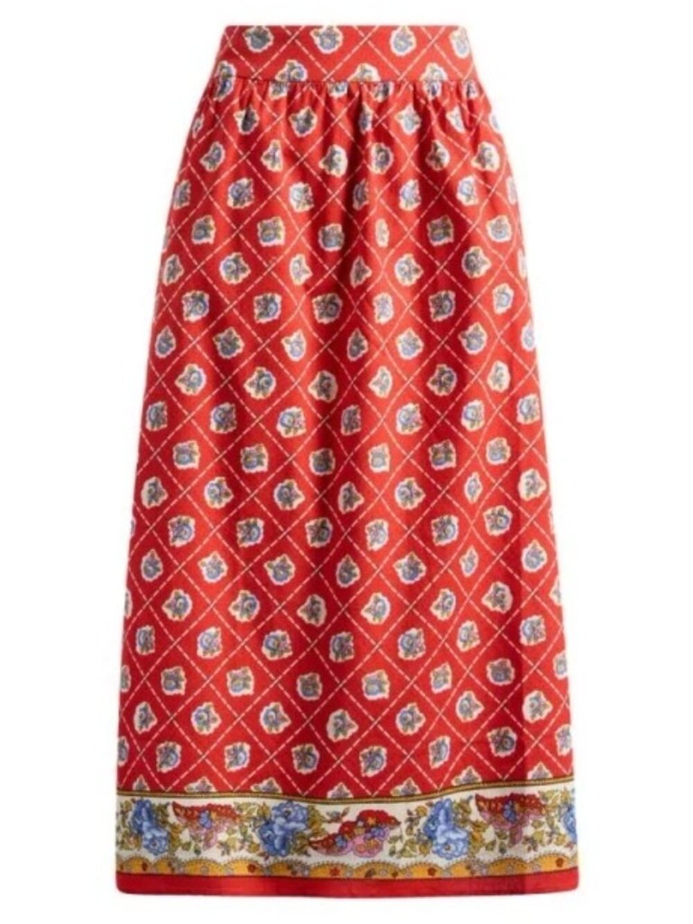 WAYF Josefina Midi Skirt Size XS Floral Print Floral Border A-Line Red